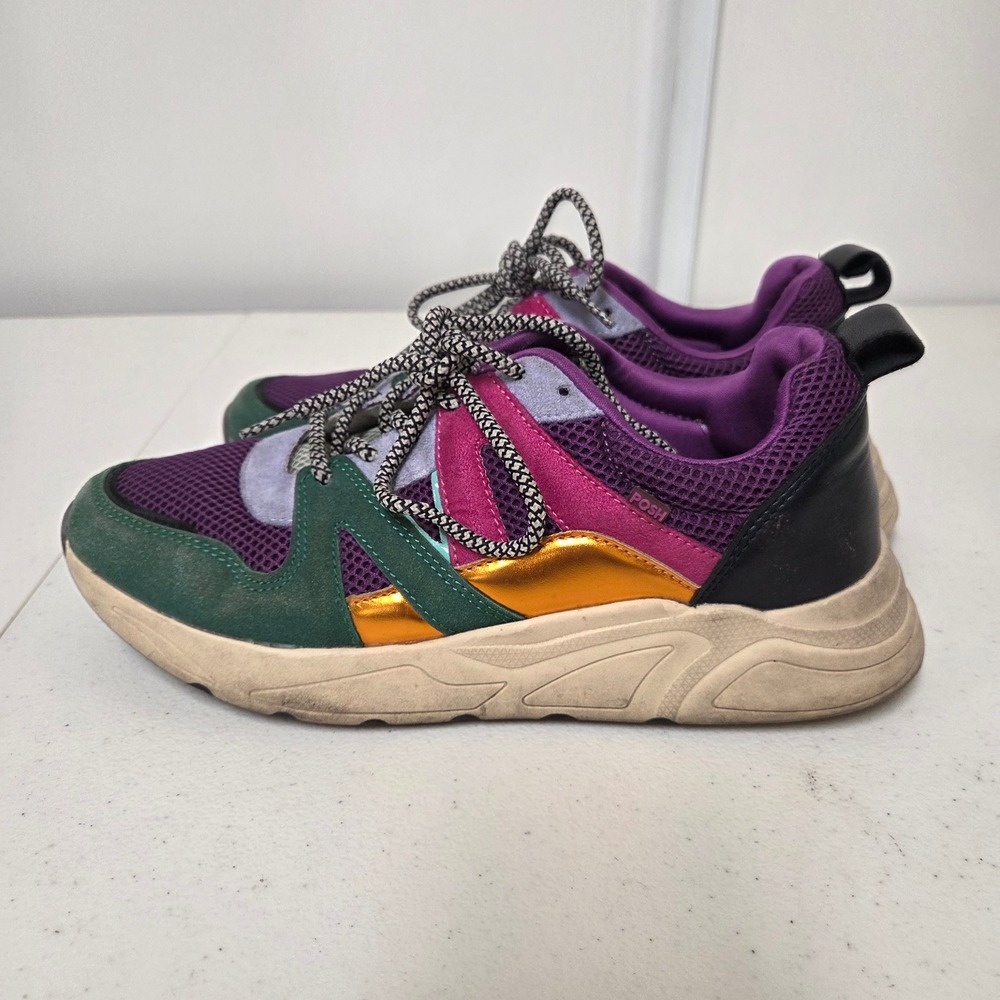 POSH Poelman Chunky Colorblock Sneakers Purple Green Gold EU 41 Mens 8 Wmns 10